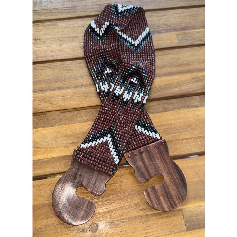 Canyon Aztec Southwest Stretch Beaded Elastic Belt Wooden Buckle Fits Size 6-16